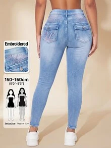SHEIN PETITE Women's Casual Versatile Daily Travel Denim Jeans With Pockets And Buttons - Blue - View 1