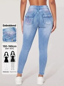 SHEIN PETITE Women's Casual Versatile Daily Travel Denim Jeans With Pockets And Buttons - Blue - View 10