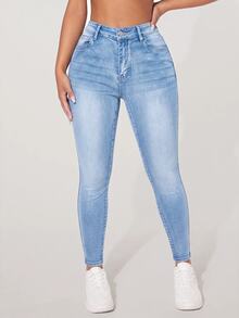 SHEIN PETITE Women's Casual Versatile Daily Travel Denim Jeans With Pockets And Buttons - Blue - View 7