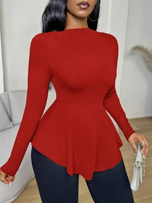 VaVaBold Kaos Lengan Panjang Wanita Warna Polos Kasual Serbaguna untuk Sehari-hari - Merah - View 5