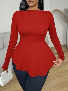 VaVaBold Kaos Lengan Panjang Wanita Warna Polos Kasual Serbaguna untuk Sehari-hari - Merah - View 6