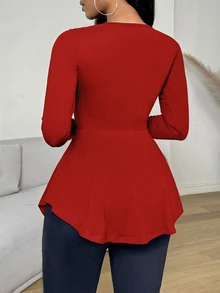 VaVaBold Kaos Lengan Panjang Wanita Warna Polos Kasual Serbaguna untuk Sehari-hari - Merah - View 2