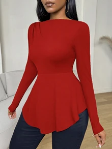 VaVaBold Kaos Lengan Panjang Wanita Warna Polos Kasual Serbaguna untuk Sehari-hari - Merah - View 3