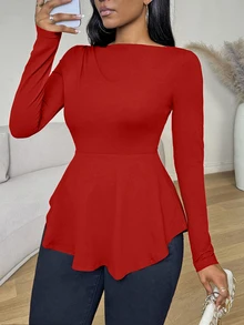 VaVaBold Kaos Lengan Panjang Wanita Warna Polos Kasual Serbaguna untuk Sehari-hari - Merah - View 4