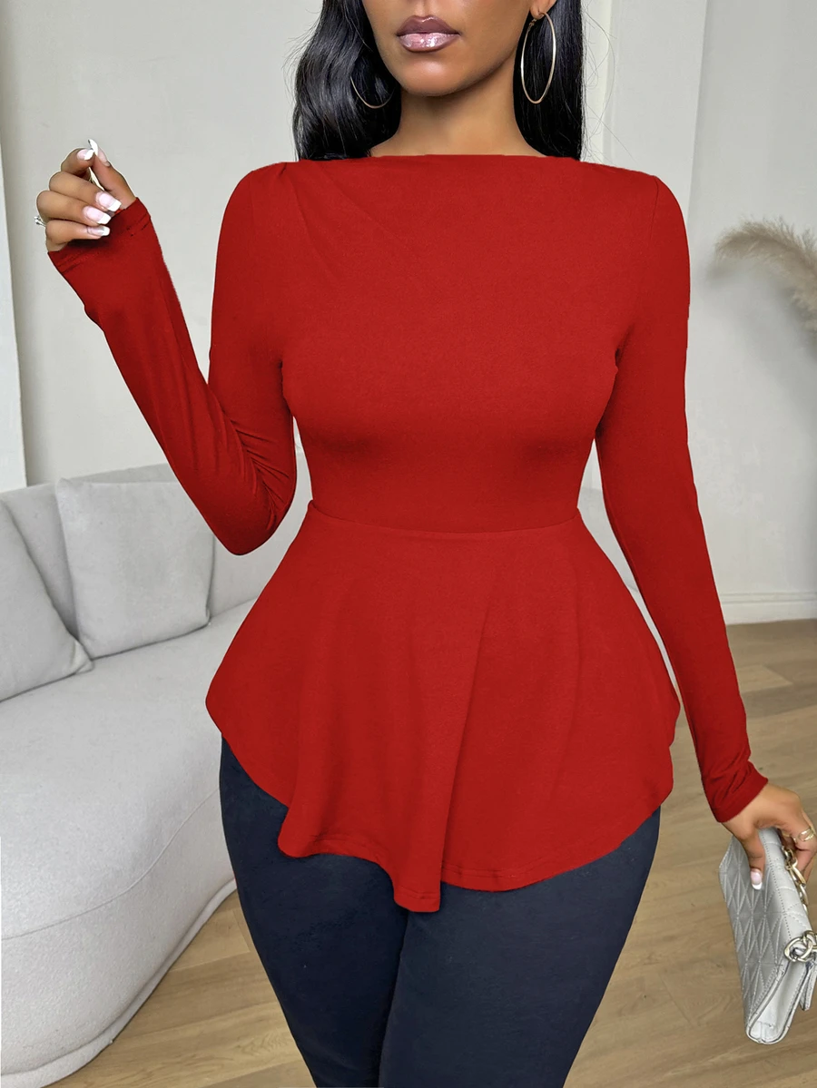 VaVaBold Kaos Lengan Panjang Wanita Warna Polos Kasual Serbaguna untuk Sehari-hari - Merah - View 1