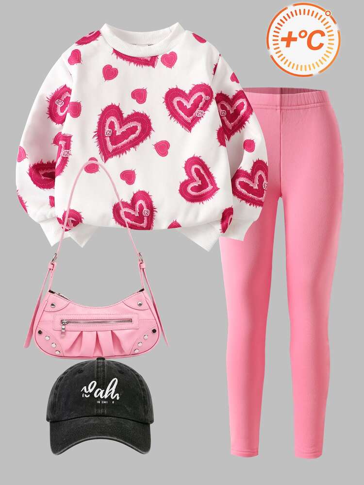 SHEIN Kids Young Girls 4-7Y Heart Pattern Sweatshirt & Pink Leggings 2pcs Set, Warm Cozy Sweet Fall Winter Outfit For Daily School Party Wear - Pink - View 11
