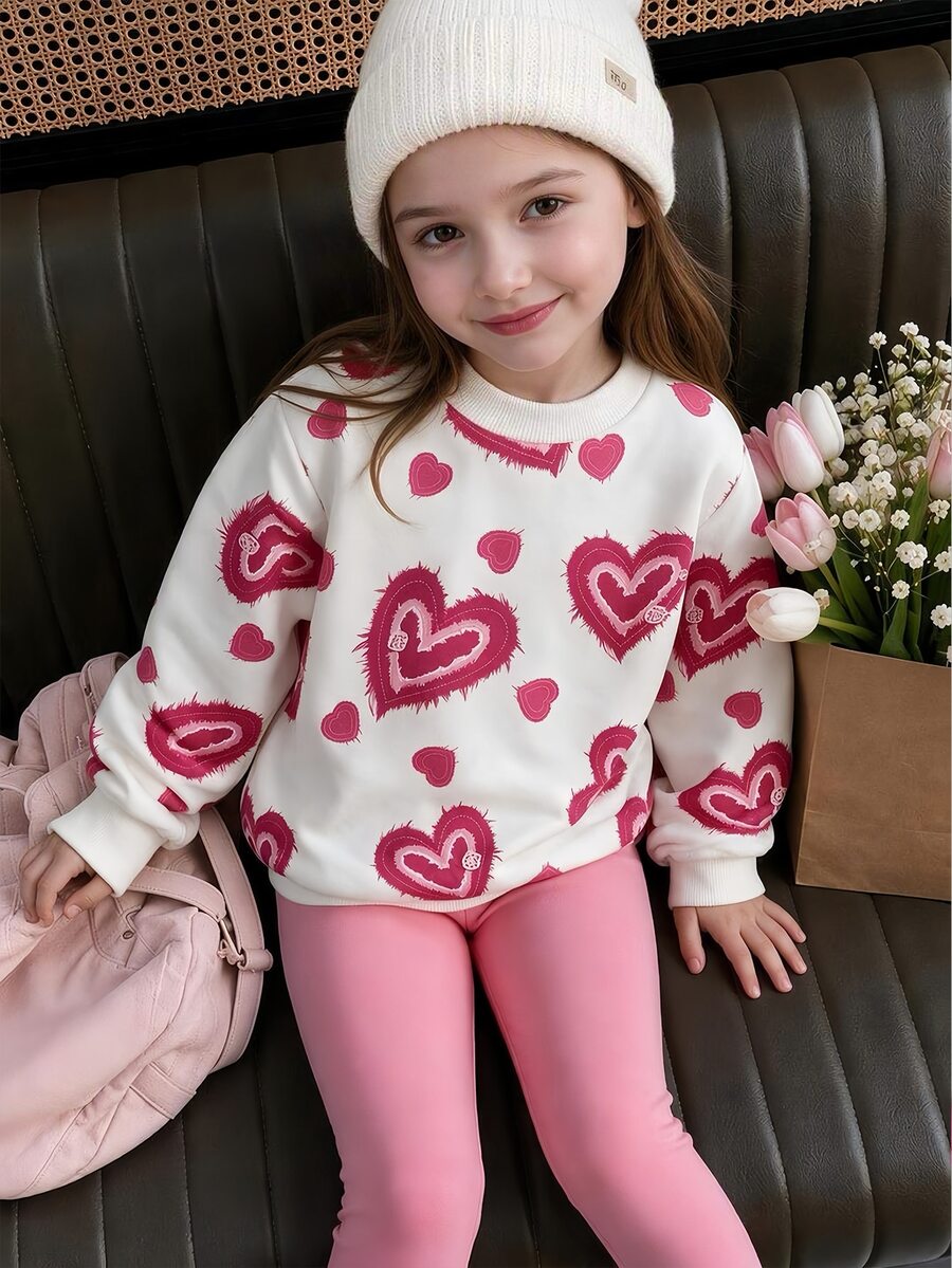SHEIN 兒童小女孩 4-7歲 心形圖案運動衫與粉色內搭褲 2件套，保暖舒適甜美秋冬日常上學派對穿著套裝
