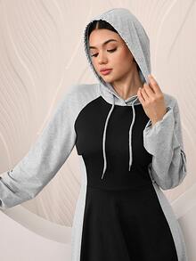Graceveil Grey And Black Color Block Raglan Sleeve Cinched Waist Flared Hooded Sweatshirt Dress - Black - View 8
