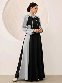 Graceveil Grey And Black Color Block Raglan Sleeve Cinched Waist Flared Hooded Sweatshirt Dress - Black - View 6
