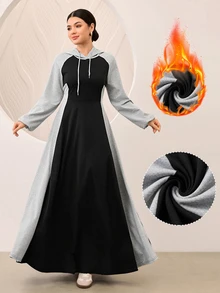 Graceveil Grey And Black Color Block Raglan Sleeve Cinched Waist Flared Hooded Sweatshirt Dress - Black - View 1