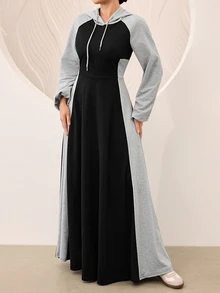 Graceveil Grey And Black Color Block Raglan Sleeve Cinched Waist Flared Hooded Sweatshirt Dress - Black - View 4