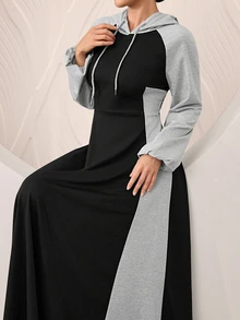 Graceveil Grey And Black Color Block Raglan Sleeve Cinched Waist Flared Hooded Sweatshirt Dress - Black - View 7
