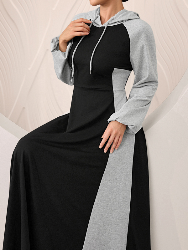 Graceveil Grey And Black Color Block Raglan Sleeve Cinched Waist Flared Hooded Sweatshirt Dress
