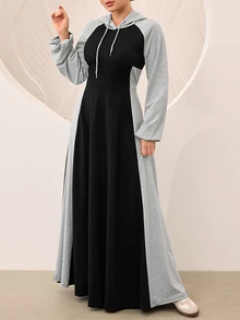 Graceveil Grey And Black Color Block Raglan Sleeve Cinched Waist Flared Hooded Sweatshirt Dress - Black - View 5