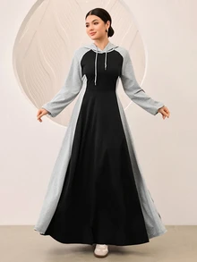 Graceveil Grey And Black Color Block Raglan Sleeve Cinched Waist Flared Hooded Sweatshirt Dress - Black - View 3