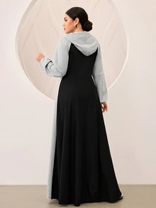 Graceveil Grey And Black Color Block Raglan Sleeve Cinched Waist Flared Hooded Sweatshirt Dress - Black - View 2