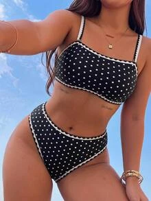 Swim Mod Plus Size Women's Summer Sexy Sweet Polka Dot Print Ruffle Bikini Swimwear Set, Suitable For Beach Vacation And Casual Wear - Black and White - View 1