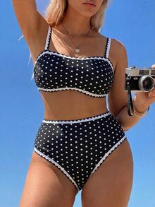 Swim Mod Plus Size Women's Summer Sexy Sweet Polka Dot Print Ruffle Bikini Swimwear Set, Suitable For Beach Vacation And Casual Wear - Black and White - View 6