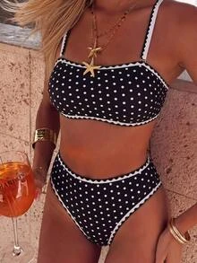Swim Mod Plus Size Women's Summer Sexy Sweet Polka Dot Print Ruffle Bikini Swimwear Set, Suitable For Beach Vacation And Casual Wear - Black and White - View 9