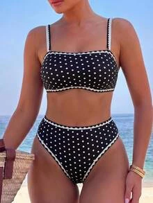 Swim Mod Plus Size Women's Summer Sexy Sweet Polka Dot Print Ruffle Bikini Swimwear Set, Suitable For Beach Vacation And Casual Wear - Black and White - View 8