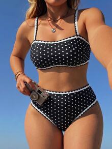 Swim Mod Plus Size Women's Summer Sexy Sweet Polka Dot Print Ruffle Bikini Swimwear Set, Suitable For Beach Vacation And Casual Wear - Black and White - View 3