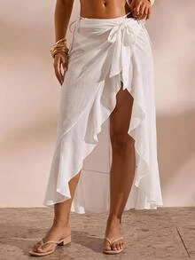 Swim Vcay Women's Plus Size Solid Color Loose Ruffle Beach Cover-Up - White - View 9