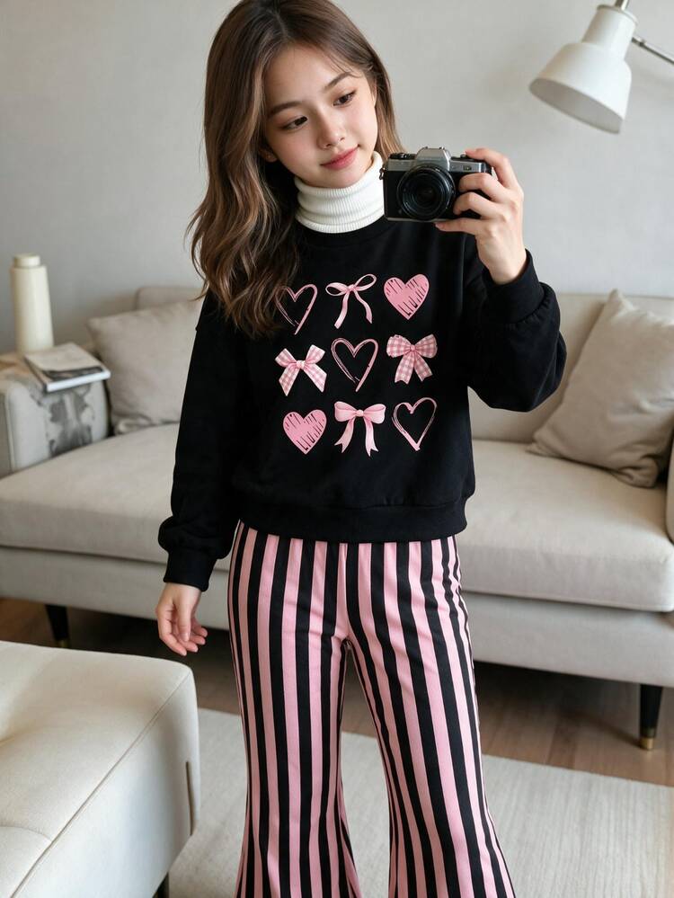 Young Girls 2Pcs Toddler Girls Coquette Cute Heart Bow Print Long Sleeve Pullover Sweatshirt Striped Flare Pants Set Daily Outfit Fall Winter - Multicolor - View 1