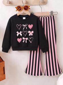 Young Girls 2Pcs Toddler Girls Coquette Cute Heart Bow Print Long Sleeve Pullover Sweatshirt Striped Flare Pants Set Daily Outfit Fall Winter - Multicolor - View 5