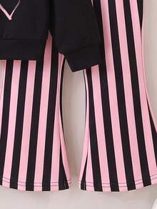 Young Girls 2Pcs Toddler Girls Coquette Cute Heart Bow Print Long Sleeve Pullover Sweatshirt Striped Flare Pants Set Daily Outfit Fall Winter - Multicolor - View 6