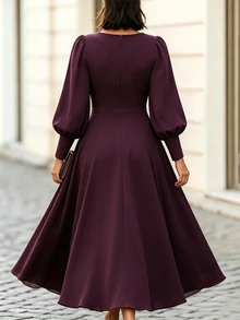 Velvienne فستان أنيق بمقاس كبير مع أكمام فانوس عتيقة - عنابي اللون - مشاهدة 3