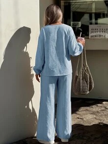 Bonvoyette 女款春夏長袖綁帶休閒度假海灘兩件式罩衫套裝 - 天藍色 - 查看 2