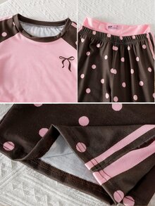 SHEIN Kids Tween Girl Knitted Colorblock Crew Neck Raglan Sleeve Casual T-Shirt And Long Pants 2 Pieces Set - Pink - View 3
