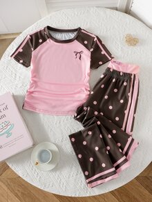 SHEIN Kids Tween Girl Knitted Colorblock Crew Neck Raglan Sleeve Casual T-Shirt And Long Pants 2 Pieces Set - Pink - View 1