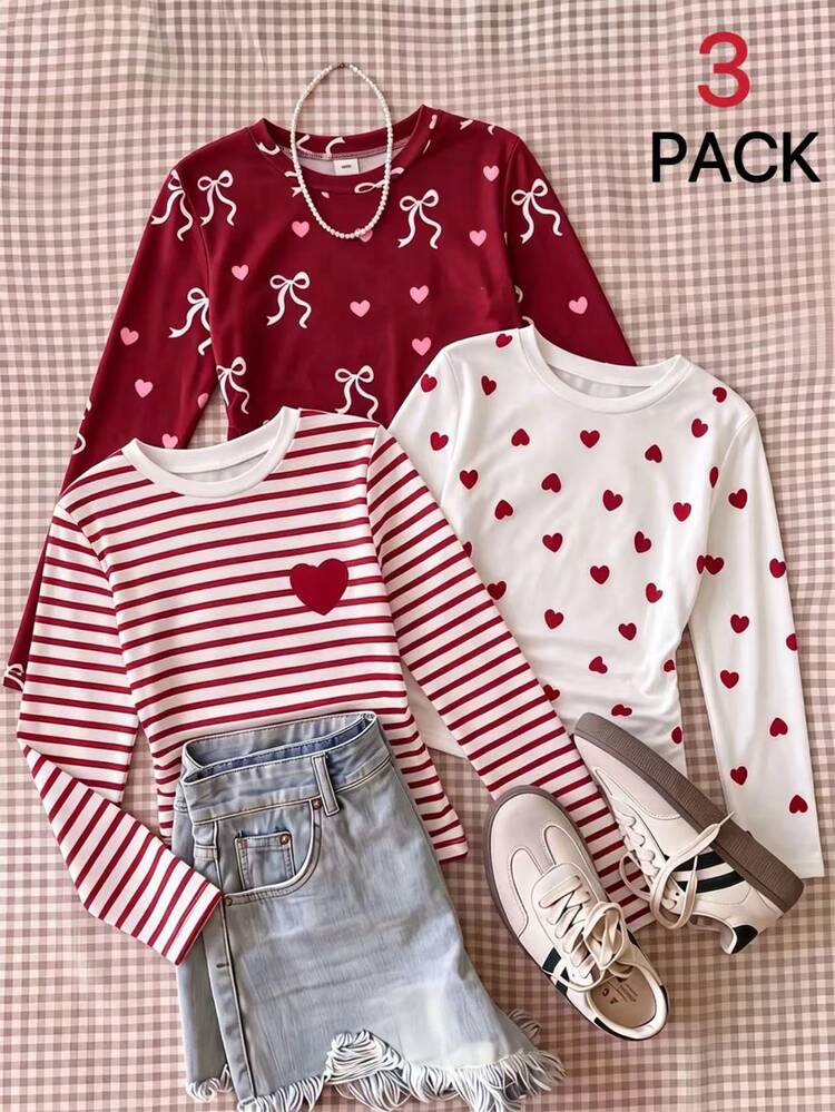 SHEIN Kaos Lengan Panjang Leher Bulat yang Lucu dan Nyaman untuk Anak Perempuan Remaja, Sederhana dan Serbaguna untuk Beraktivitas di Luar Ruangan, Cocok untuk Semua Musim - MultiWarna - View 1