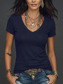 Trelyra Solid Color V-Neck Short Sleeve Fitted Women's T-Shirt - Multicolor - View 3