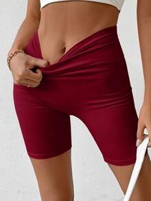Chiquease Women's Solid Color High Waist Daily Fitness Athleisure Casual Base Layer Shorts Gym Workout Burgundy Summer - Burgundy - View 3