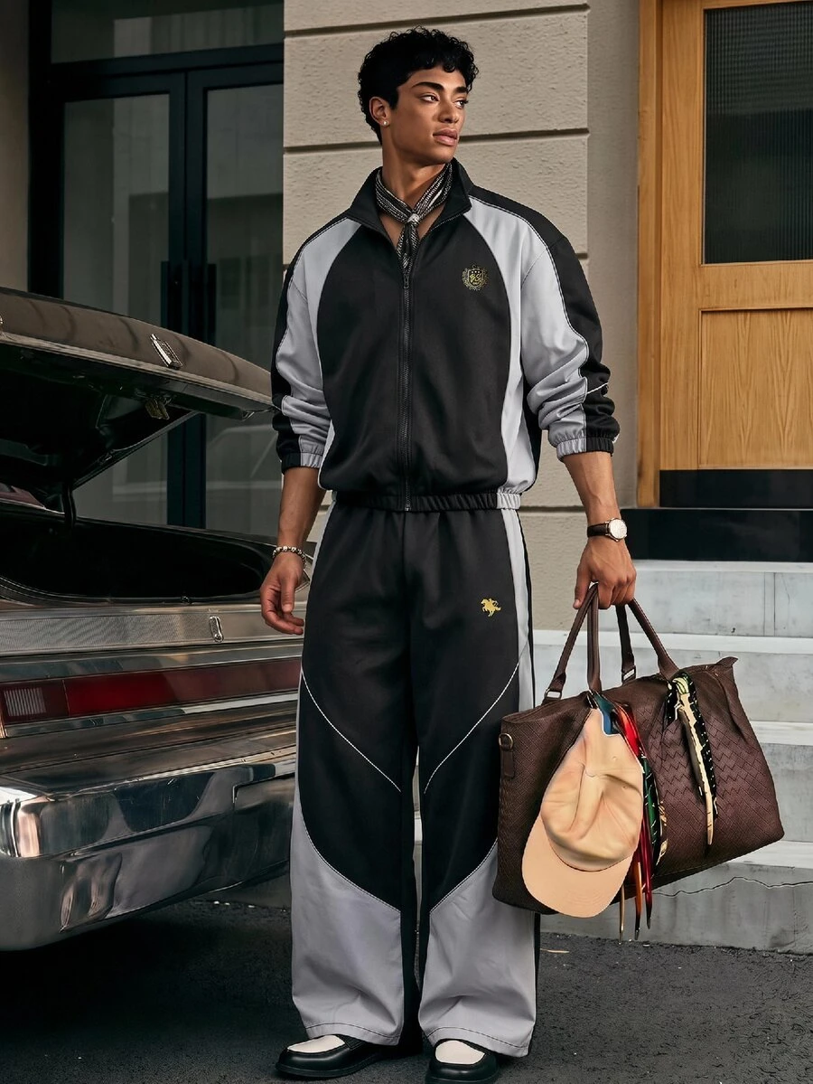SWAVVY Setelan Kasual Pria: Jaket Lengan Panjang dengan Resleting dan Celana, Motif Blok Warna - Hitam - View 1
