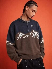 ROMWE MEN Street Life Men's Half-Open Snow Mountain Jacquard Knit Sweater Street Retro - Multicolor - View 8