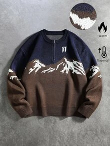 ROMWE MEN Street Life Men's Half-Open Snow Mountain Jacquard Knit Sweater Street Retro - Multicolor - View 1