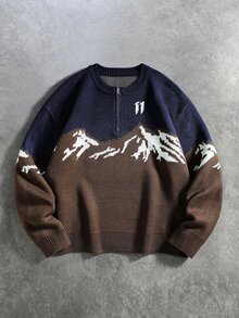 ROMWE MEN Street Life Men's Half-Open Snow Mountain Jacquard Knit Sweater Street Retro - Multicolor - View 7