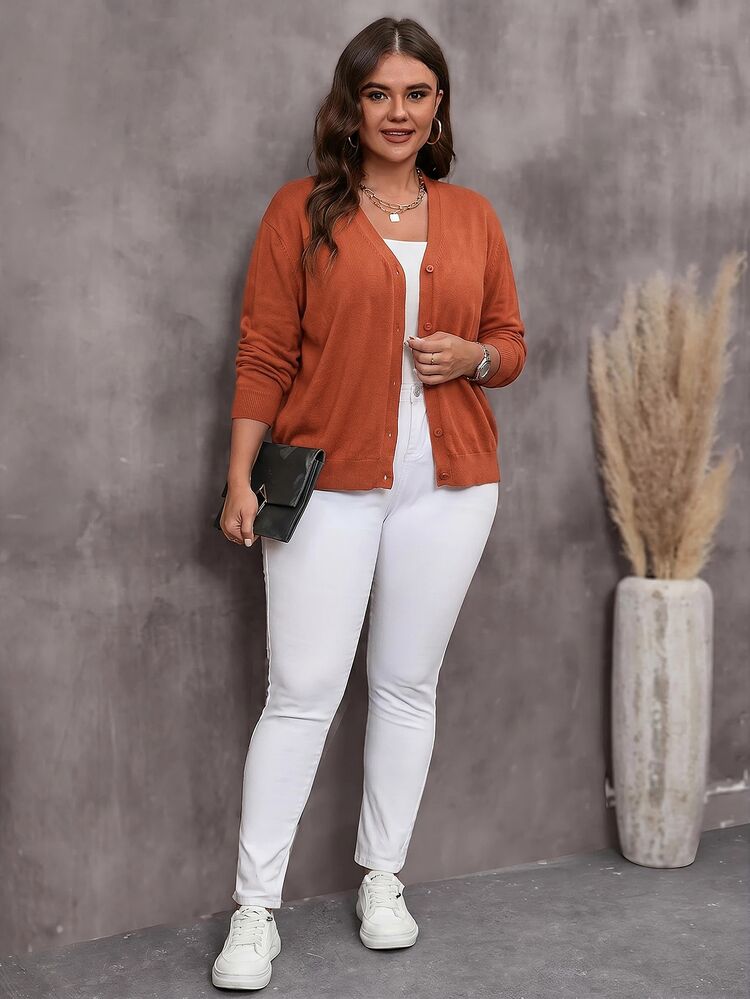 Rosumi Plus Size Women V-Neck Single-Breasted Casual Soft Form Solid Color Long Sleeve Cardigan Autumn Office Formal Burnt Orange - Rust Brown - View 8
