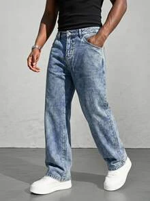 Manfinity Homme Men's Casual Everyday Travel Washed Distressed Denim Jeans With Pockets - Blue - View 1