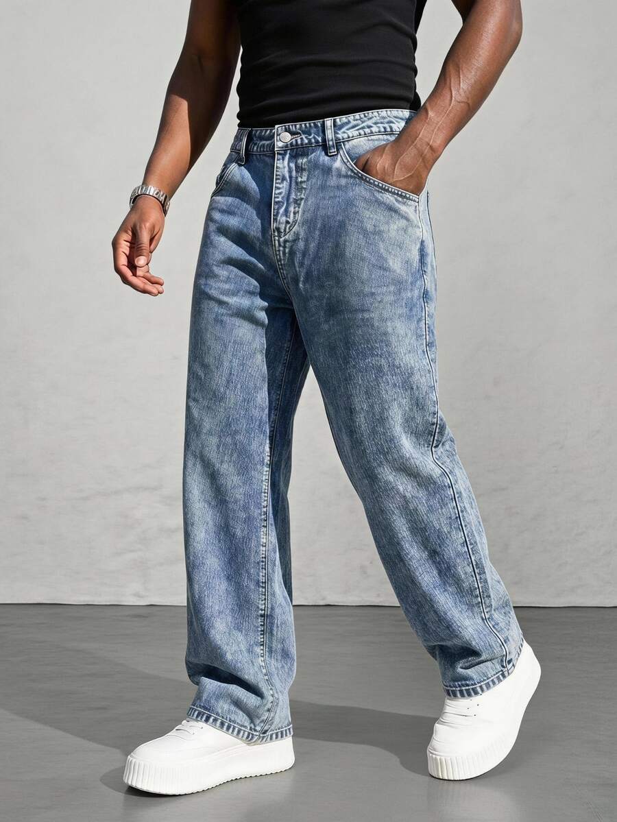 Manfinity Homme Men's Casual Everyday Travel Washed Distressed Denim Jeans With Pockets - Blue - View 1
