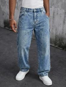 Manfinity Homme Men's Casual Everyday Travel Washed Distressed Denim Jeans With Pockets - Blue - View 5