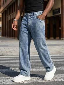 Manfinity Homme Men's Casual Everyday Travel Washed Distressed Denim Jeans With Pockets - Blue - View 3