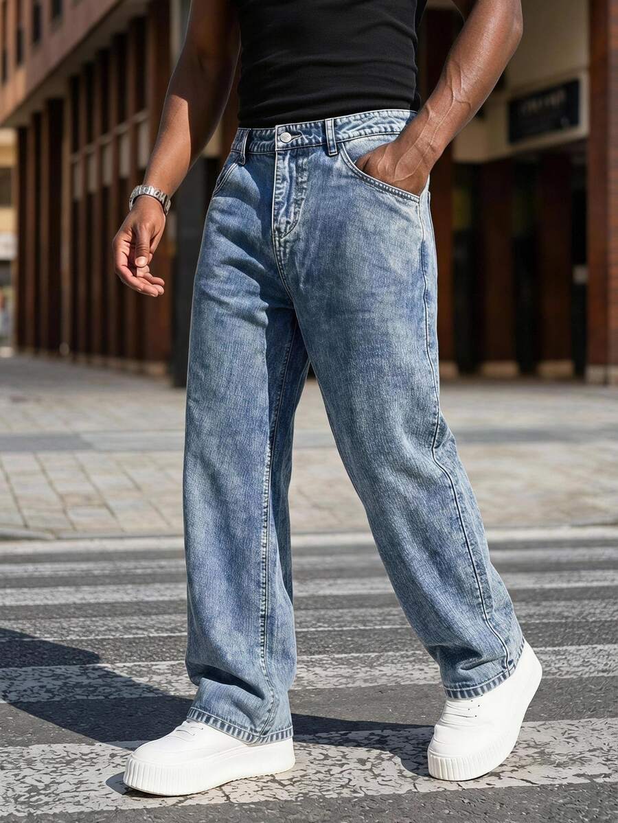 Manfinity Homme Men's Casual Everyday Travel Washed Distressed Denim Jeans With Pockets - Blue - View 1