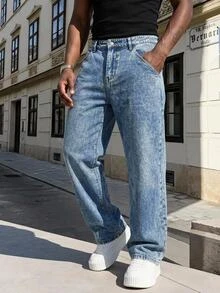 Manfinity Homme Men's Casual Everyday Travel Washed Distressed Denim Jeans With Pockets - Blue - View 4