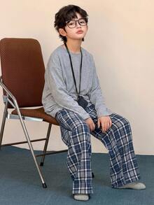 DAZY Tween Boy Solid Color Round Neck Long Sleeve Top And Plaid Long Pants Casual Daily Outfit Set - Light Grey - View 5