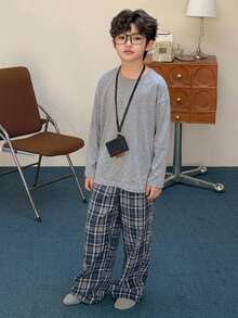 DAZY Tween Boy Solid Color Round Neck Long Sleeve Top And Plaid Long Pants Casual Daily Outfit Set - Light Grey - View 3