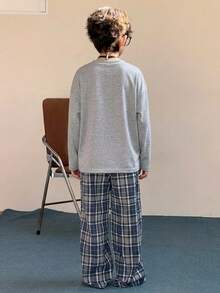 DAZY Tween Boy Solid Color Round Neck Long Sleeve Top And Plaid Long Pants Casual Daily Outfit Set - Light Grey - View 2